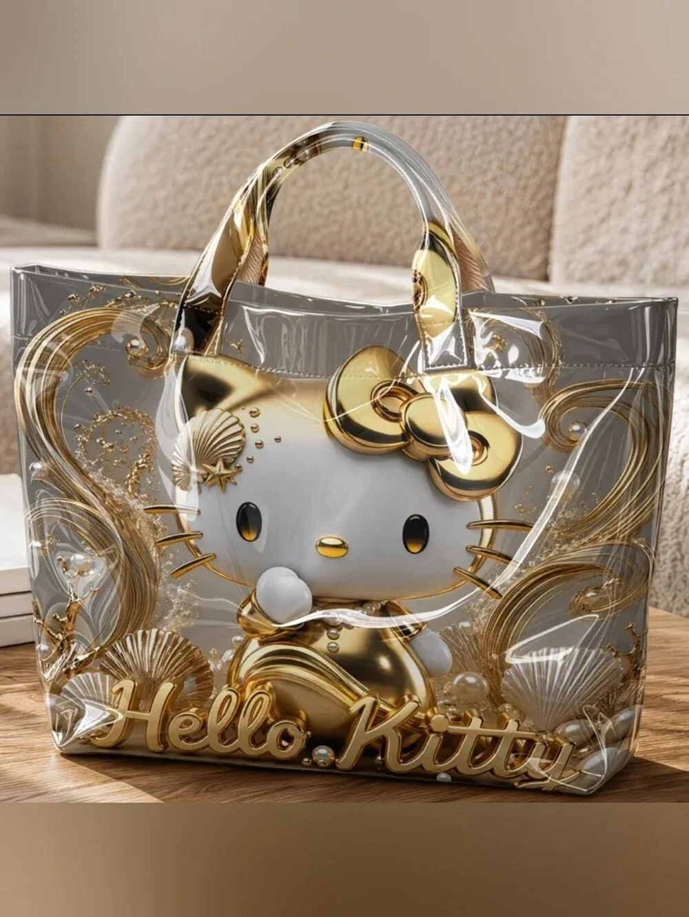 Hello Kitty Golden Seashell PVC Daily Commute Hand Bag Tote Large